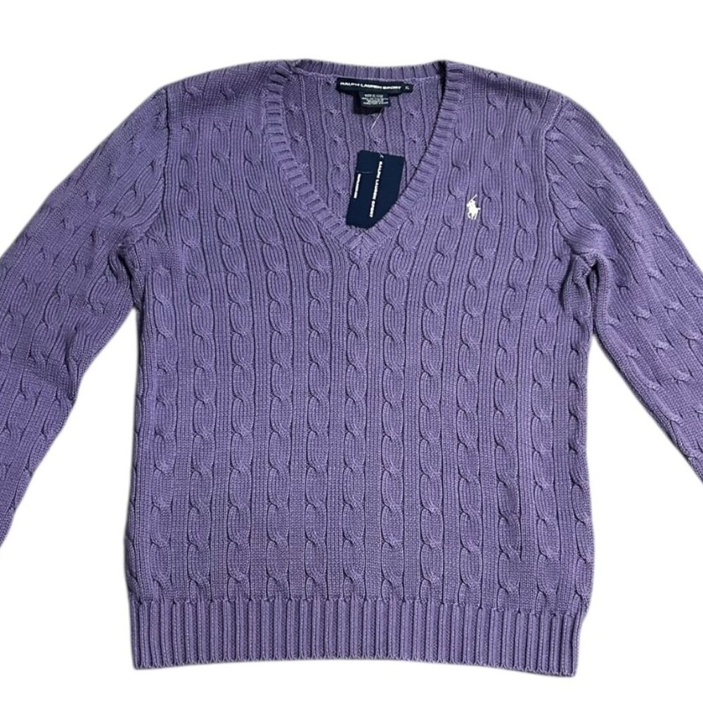 NWT Ralph Lauren Sport Purple Cable Knit V-Neck Sweater White Pony Preppy Chic